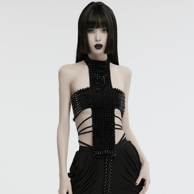 Gothic black mass witch cross halter top - เสื้อกั๊กผู้หญิง - วัสดุอื่นๆ สีดำ