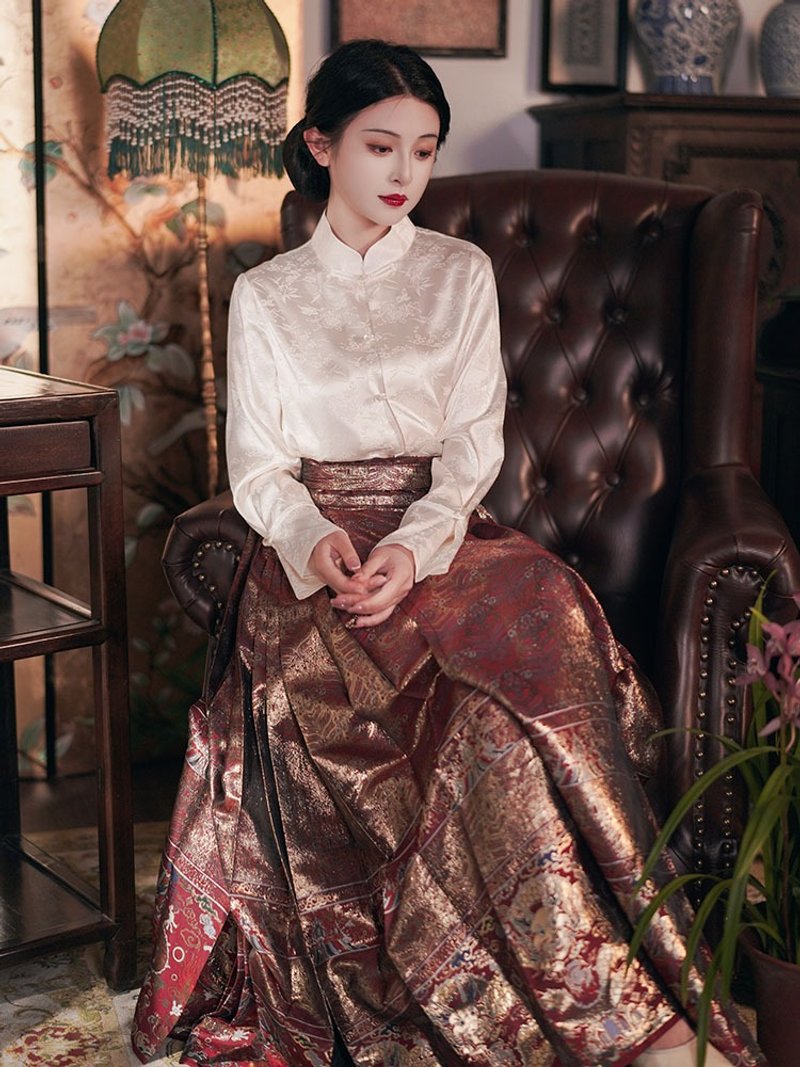 Linlang horse-faced skirt suit ancient style adult Hanfu new Chinese style top spring jacquard shirt suit - Skirts - Polyester Brown