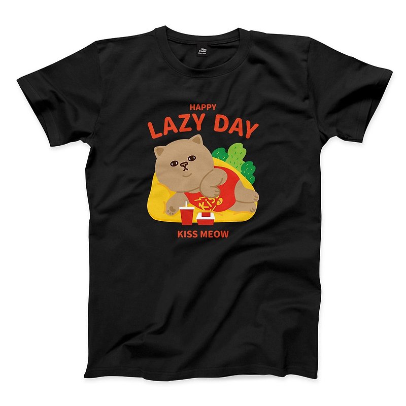 Happy Lazy Day - Black - Neutral T-Shirt - เสื้อยืดผู้ชาย - ผ้าฝ้าย/ผ้าลินิน สีดำ