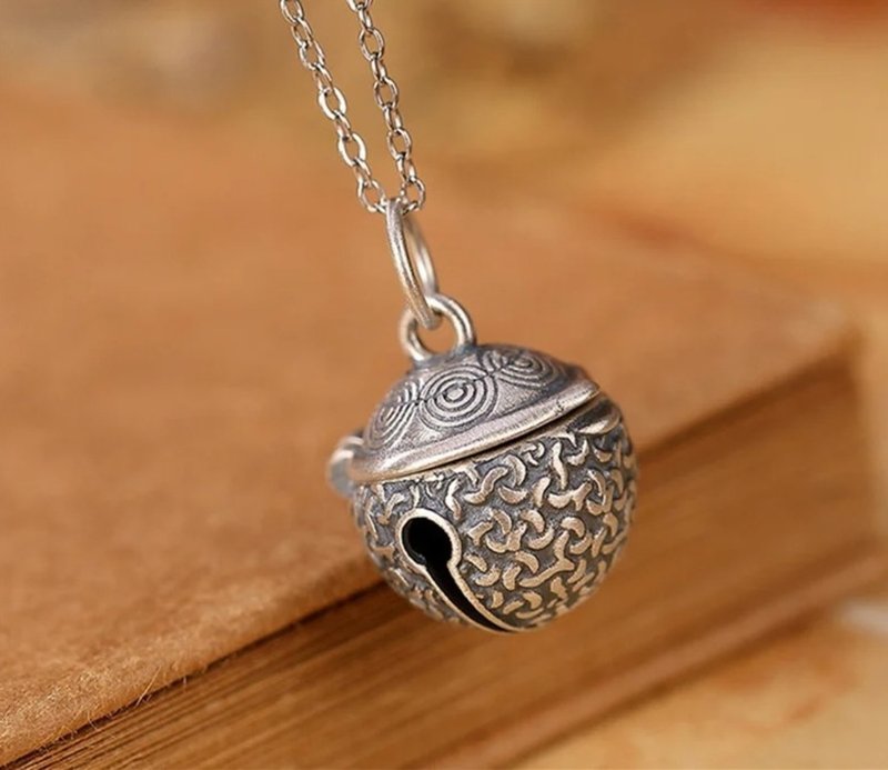 Can Ring Real Bell Pendants for Women Totem Pattern Vintage Ball Necklaces - สร้อยคอยาว - เงินแท้ สีเงิน