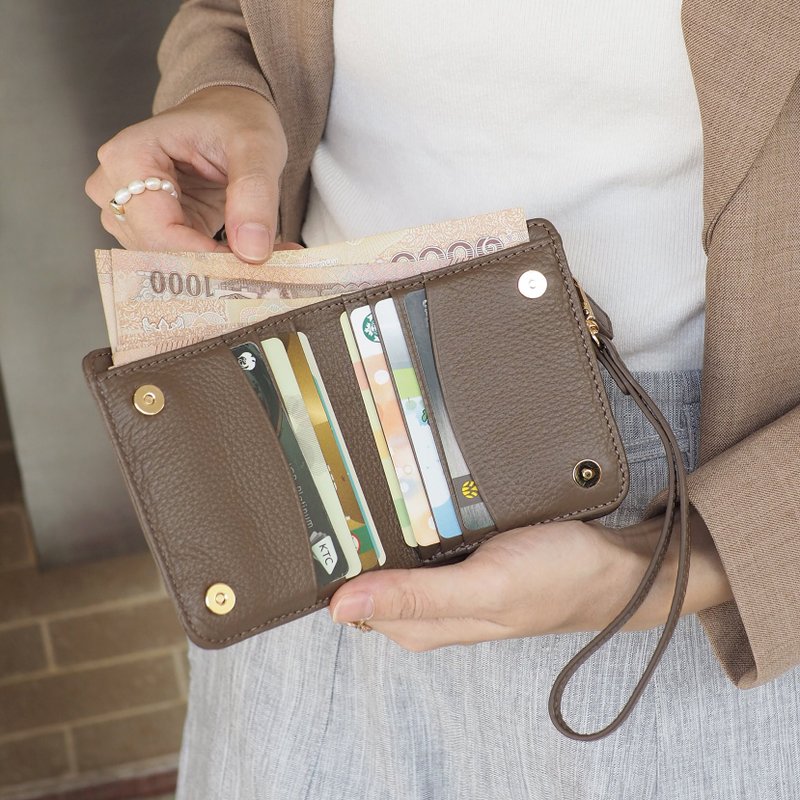 Anna (Cedar) : Bifold Zipper Wallet, Small leather short wallet, Brown-grey - กระเป๋าสตางค์ - หนังแท้ สีนำ้ตาล