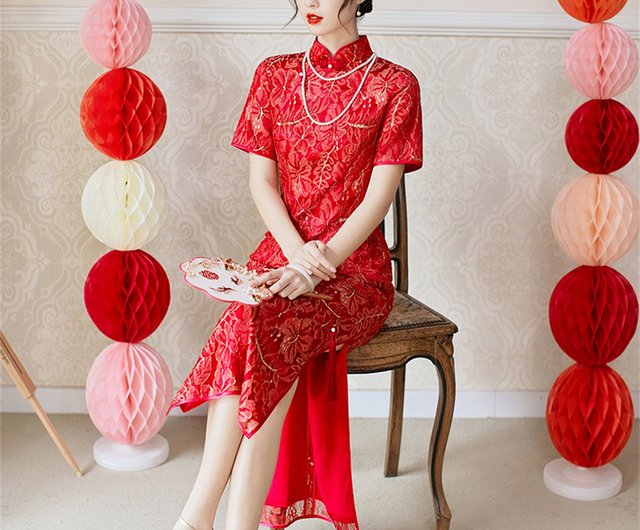 Zhenghong Yiren 明るいシルク刺繍改良レース チャイナ レトロ改良中国ブライダル トースト ドレス - ショップ Yan Zhou Ji  Chinese Cheongsam チャイナドレス - Pinkoi