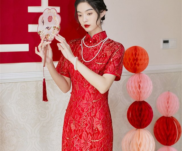 Zhenghong Yiren 明るいシルク刺繍改良レース チャイナ レトロ改良中国ブライダル トースト ドレス - ショップ Yan Zhou Ji  Chinese Cheongsam チャイナドレス - Pinkoi