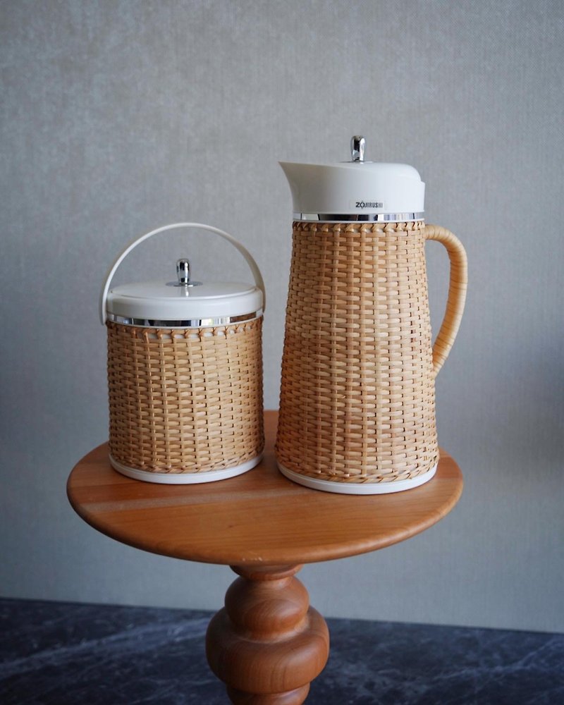 Rare white Zojirushi white rattan kettle set Japanese handmade - Vacuum Flasks - Other Materials Khaki