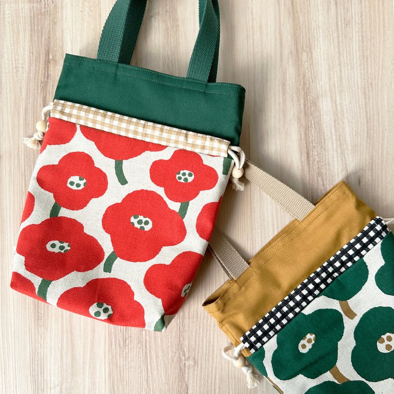 【River】Two-purpose bag with drawstring top (medium)/Japanese fabric/Flower/Red - Handbags & Totes - Cotton & Hemp Red