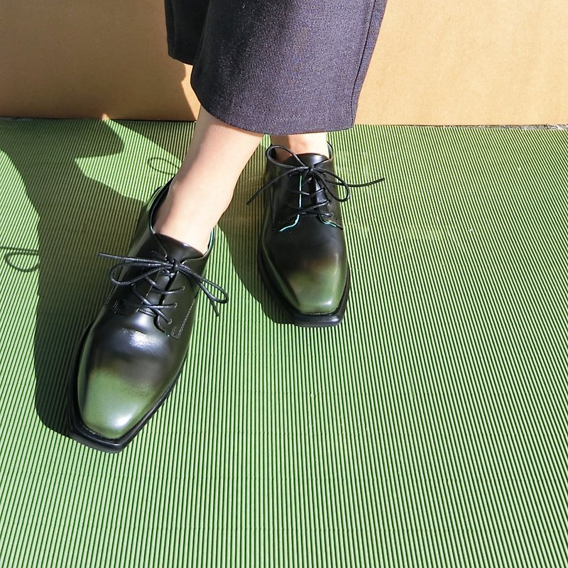 Square head leather derby shoes || Portland Freedom Avenue Crystal Algae Green||#8148 - รองเท้าอ็อกฟอร์ดผู้หญิง - หนังแท้ สีเขียว