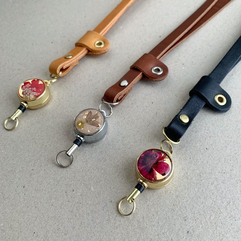 Dry flower retractable buckle leather neck strap-identification card / key ring / leisure card - ที่ใส่บัตรคล้องคอ - หนังแท้ หลากหลายสี