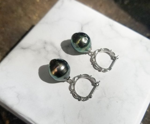 Massive Dark Green Tahitian, Genuine South Sea Peacock Baroque Pearl, 2024 Lacing Huggies Latch Back Dangle Sterling Silver Earrings, Unique gift