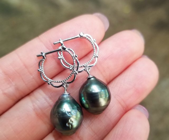 Massive Dark Green Tahitian, Genuine outlet South Sea Peacock Baroque Pearl, Lacing Huggies Latch Back Dangle Sterling Silver Earrings, Unique gift