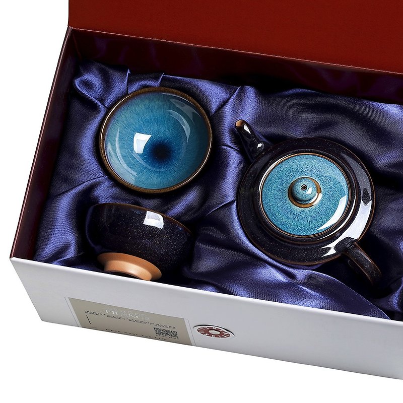 Tianmu Yaobian 3 into the gift box - blue (pot + 2 cups) - ถ้วย - ดินเผา สีน้ำเงิน