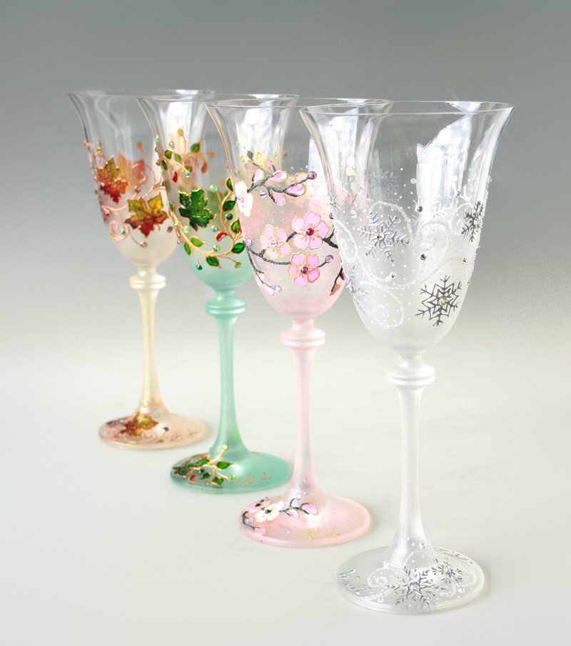 Four Season Crystal  Wine Glasses Set of 4 Hand painted - 酒杯/酒器 - 玻璃 多色