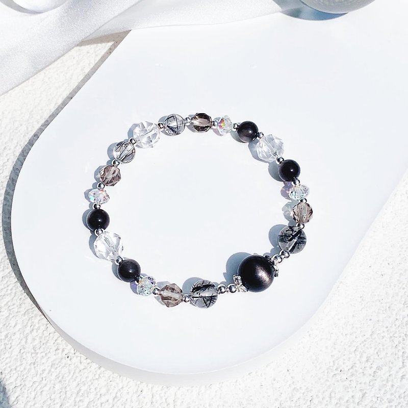 Silver Stone Black Hair Crystal Tea Crystal White Crystal S925 Sterling Silver Natural Crystal Bracelet - Bracelets - Crystal Black