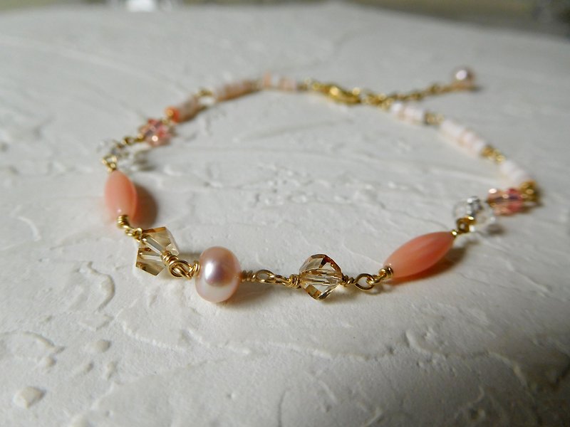 Package 14K pink pearl Swarovski imitation coral Stone bracelet - Bracelets - Other Metals Pink