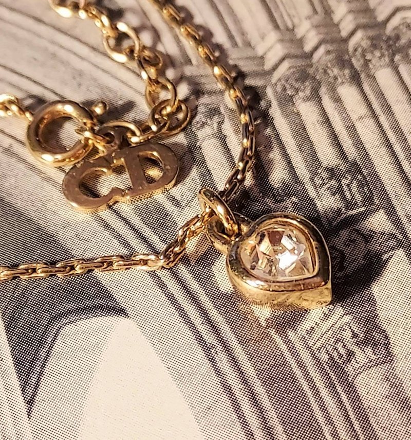 Classic out-of-print 1980's Christian Dior Dior heart-shaped diamond antique necklace clavicle chain - สร้อยคอทรง Collar - โลหะ สีทอง