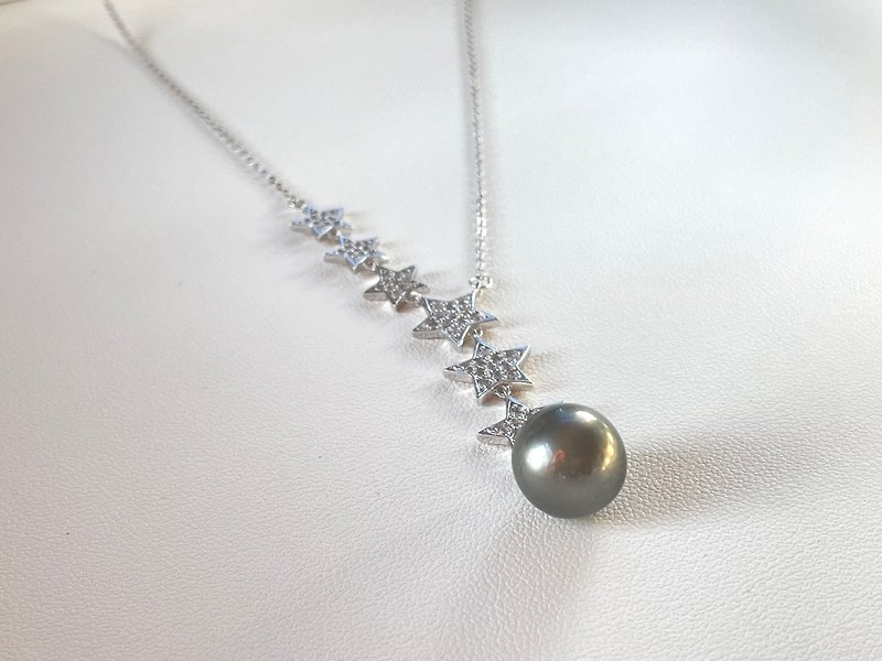 Six-star natural seawater pearl Tahitian black pearl Silver chain set - Brooches - Pearl White
