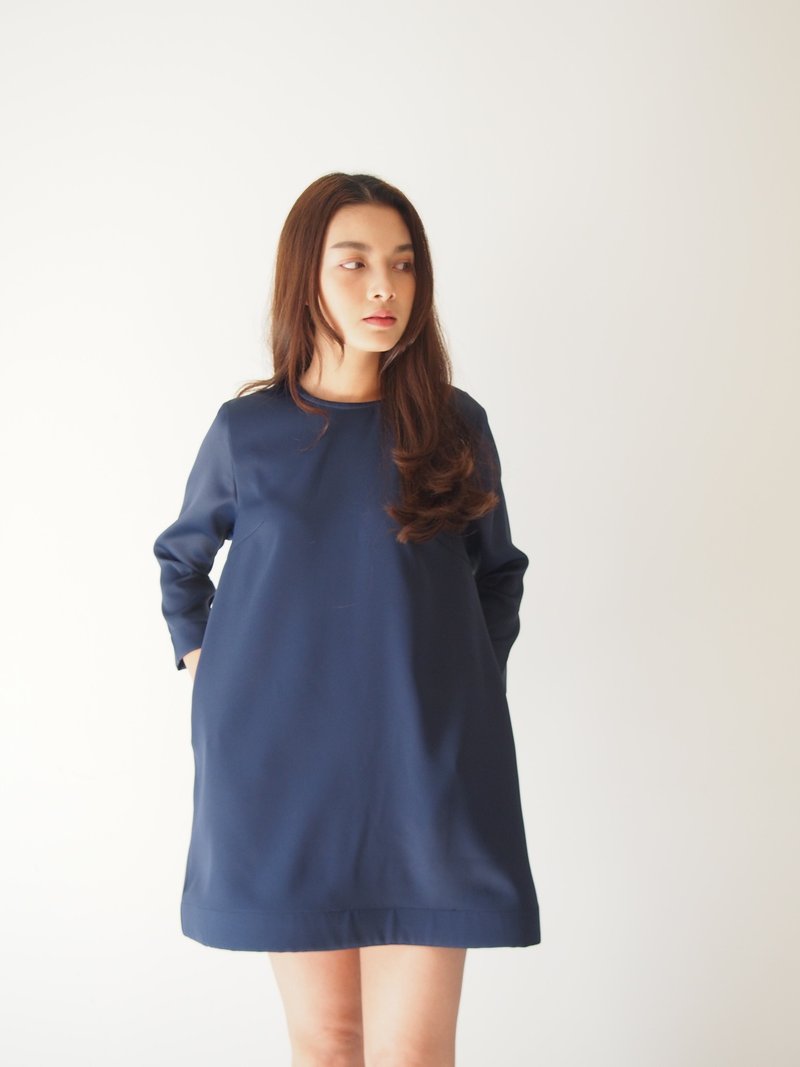 ManiBleu FETE - Long Sleeve Midi Dress - Navy - One Piece Dresses - Polyester Blue