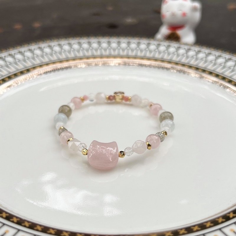 【Cat Lady】Cat head pink crystal bracelet - สร้อยข้อมือ - คริสตัล 
