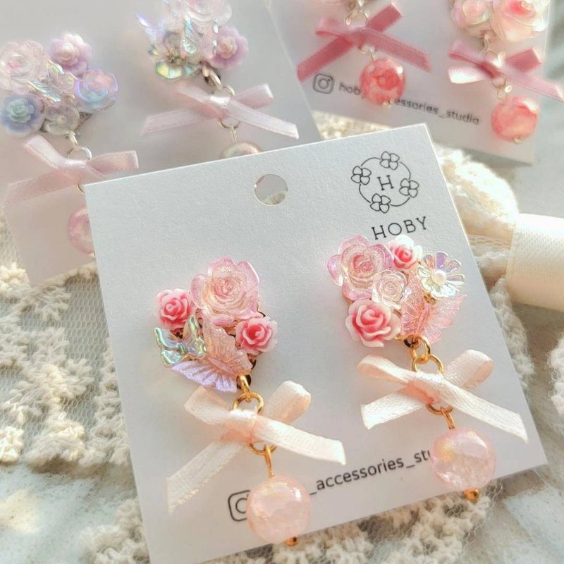 春風和暢 蝴蝶結 花 耳環 耳環/耳釘/耳夾 原創 手作 送禮 水晶 - 耳環/耳夾/耳骨夾 - 不鏽鋼 