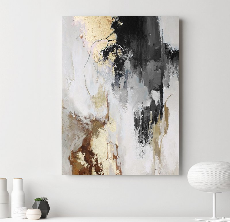 Gray Painting | Gray and Gold Painting | Gray Artwork | Gray Flux 3 - 壁貼/牆壁裝飾 - 棉．麻 灰色