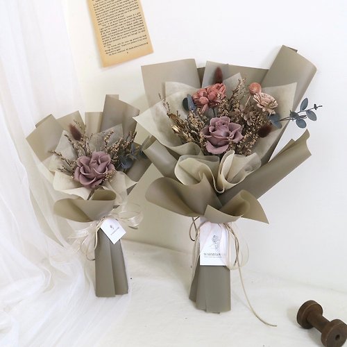 暖花 WarmFlower 【客製化禮物】永生花束 －摩卡灰棕韓式花束 | 情人節禮物/乾燥