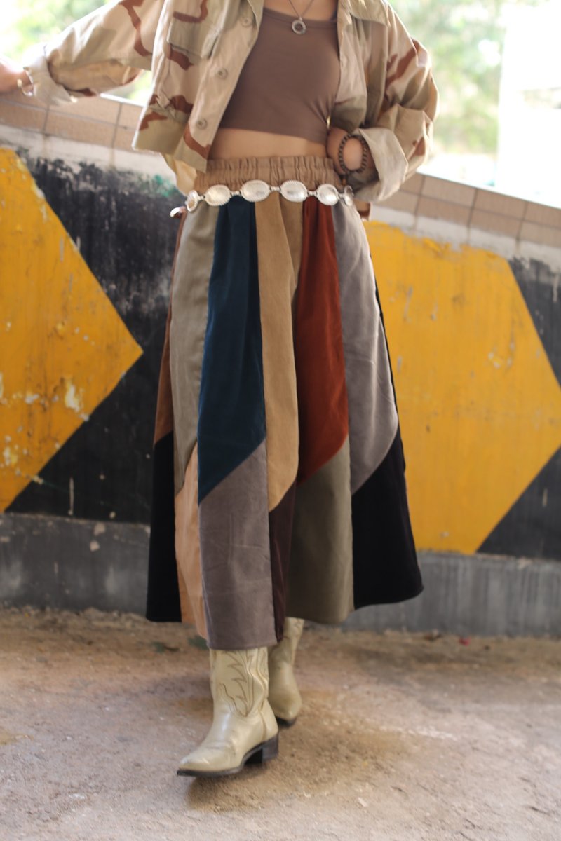 燈芯絨鬆緊腰 多色拼布長裙 - 裙子/長裙 - 棉．麻 多色