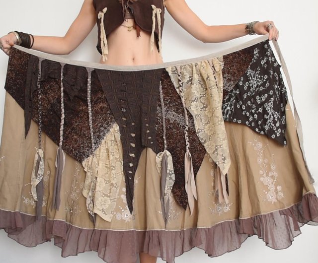 Long brown wrap skirt tribal festival tie skirt with braids Shop SARINAS Skirts Pinkoi