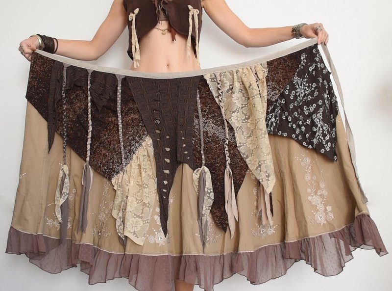 Long brown wrap skirt, tribal festival tie skirt with braids - กระโปรง - วัสดุอื่นๆ สีนำ้ตาล