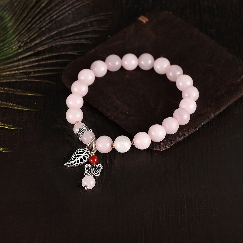 Natural pink crystal sterling silver rose leaf butterfly bracelet with moonlight heather red agate - Bracelets - Gemstone Pink