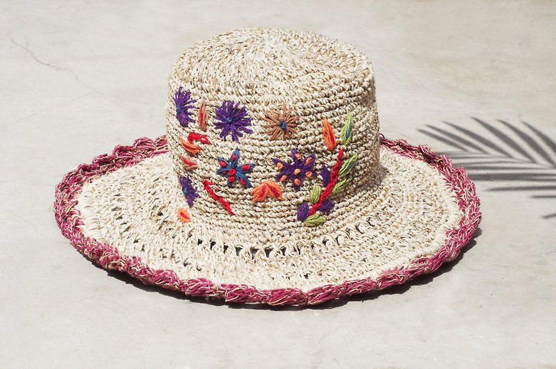 Mother's Day gift a limited edition of hand-woven cotton Linen cap / knit cap / hat / visor / hat / straw hat - Boho rainbow embroidered flowers forest wind (purple) - หมวก - ผ้าฝ้าย/ผ้าลินิน สีม่วง