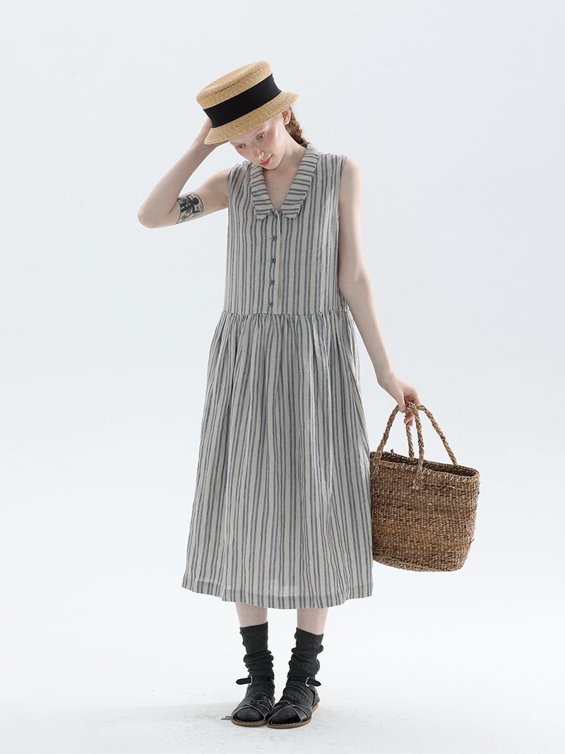 Artistic retro striped V-neck linen dress - ชุดเดรส - ผ้าฝ้าย/ผ้าลินิน หลากหลายสี