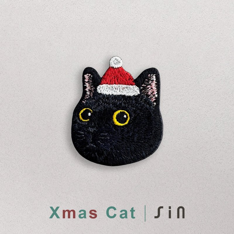 Single Card Christmas Kitten - Embroidered Sticker - Black Cat (XHC0013) - สติกเกอร์ - งานปัก สีแดง