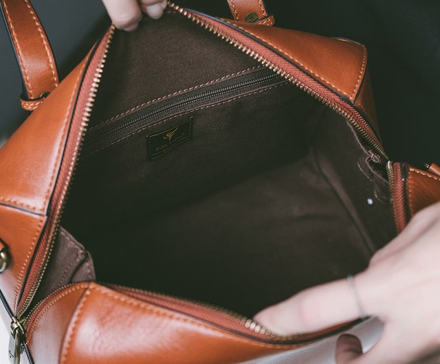 Leather Handle Simple Boston Bag 22290 Yellow Brown Y - Shop
