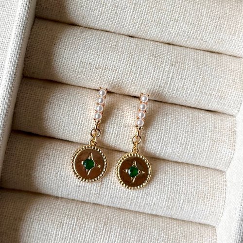 KAREN JEWELRY 14K包金 珍珠綠鋯石星盤耳環 14KGF