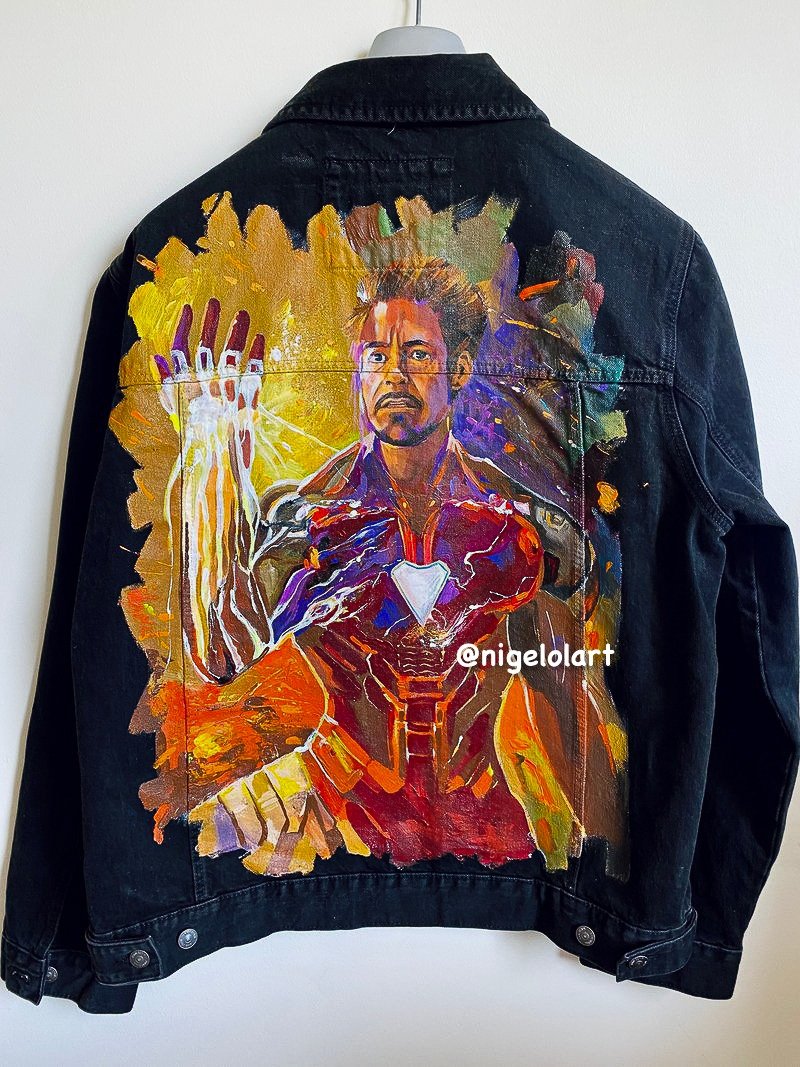Painted Denim Jacket Handmade Custom jacket Iron Man Marvel Gift for him Gift - 男夾克/外套 - 棉．麻 多色