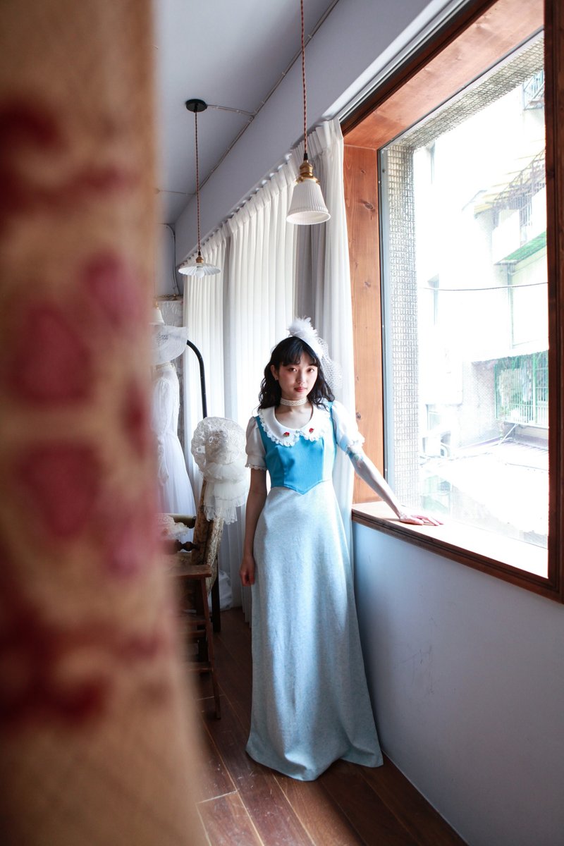 Niao Niao Department Store-Vintage aqua blue and white arc collar lace trim American dress - ชุดเดรส - เส้นใยสังเคราะห์ 