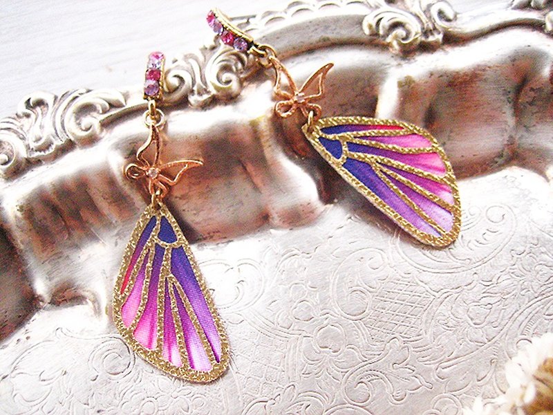 粉紫金線翩翩舞蝶翅耳環 - 耳環/耳夾 - 其他材質 紫色