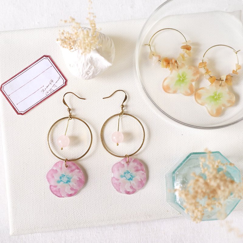 Flower collection book handmade earrings - flying powder crystal can be changed - Earrings & Clip-ons - Resin Pink