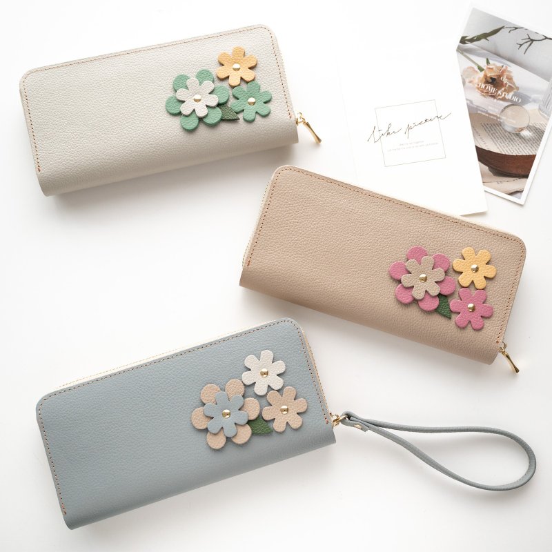 じゃばら式 ロングウォレット フラワー 【 シュリンクレザー 】 本革 長財布 花 プレゼント HW22K - 錢包/皮夾/長短夾 - 真皮 灰色
