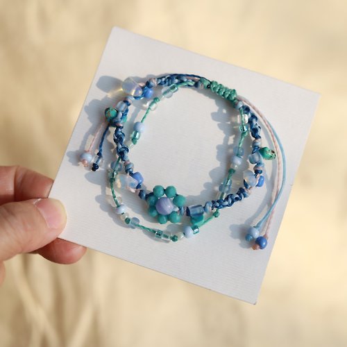 ELBRAZA Blue flower natural stone woven waxed cord double layered bracelet
