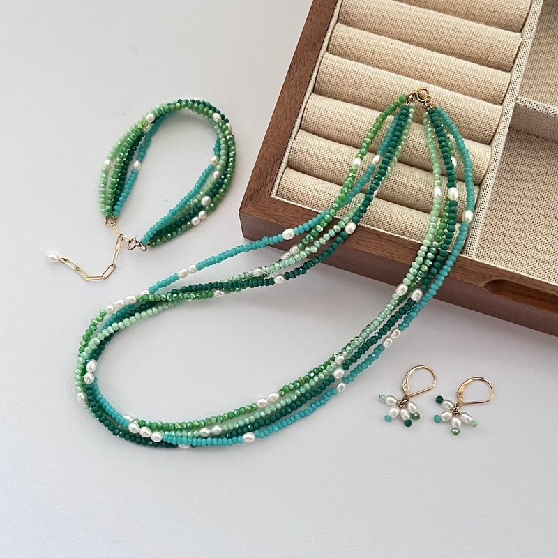 Rain Forest Multi-Strand Necklace Bracelet Earring - สร้อยคอ - ไข่มุก สีเขียว