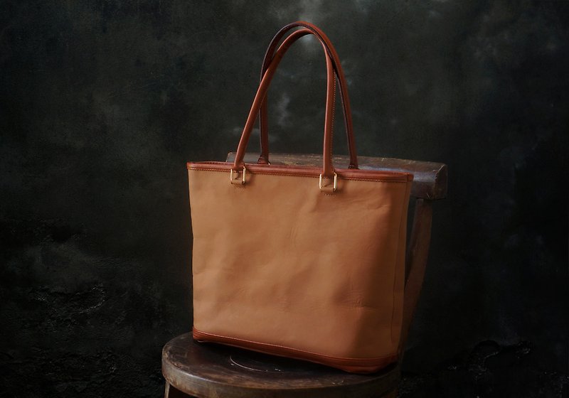 【新系列】托特包 Tote Bag 客製化刻字 - 手提包/手提袋 - 真皮 咖啡色