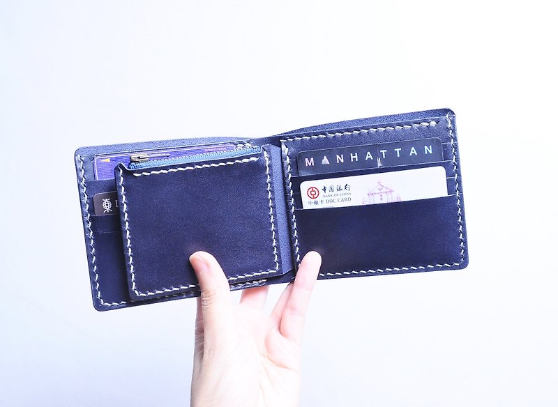 Genuine Leather Leather Goods Blue - 8-bit card wallet short clip good sewing leather material package bag Silver couple Italian vegetable tanned leather㚒