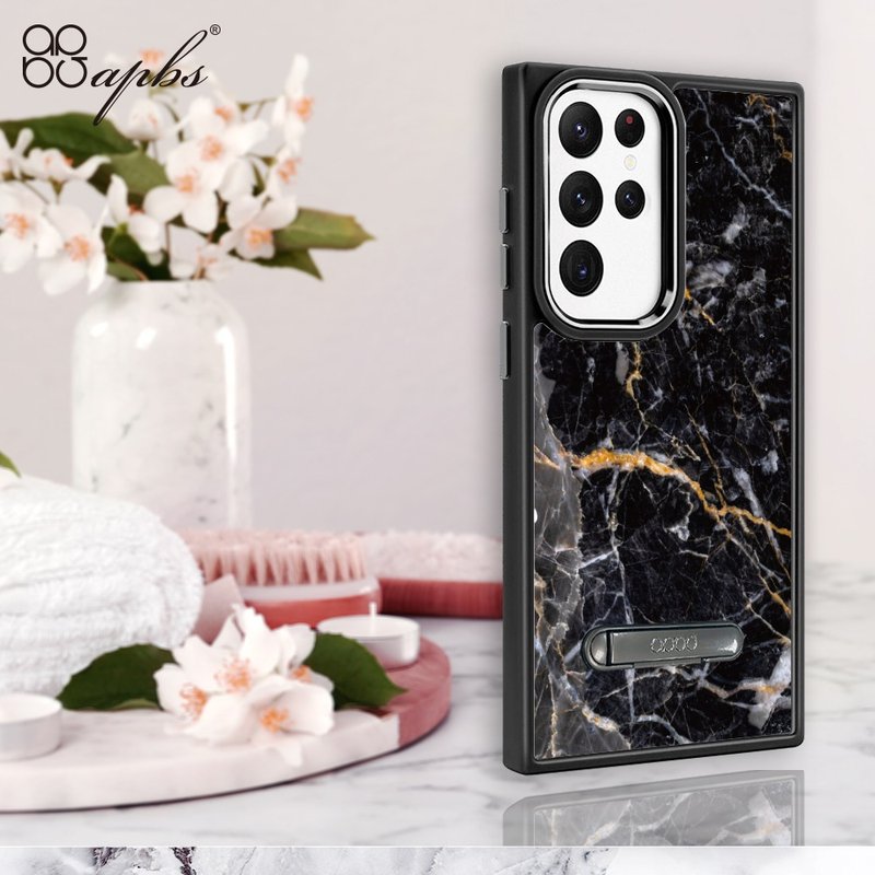 S24/S23 Series Military Standard Anti-fall Aluminum Lens Frame Stand Mobile Phone Case - Marble Dunhuang Black - เคส/ซองมือถือ - วัสดุอื่นๆ หลากหลายสี