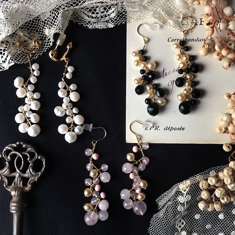 14kgf zigzag earrings with natural stone and vintage pearl OR brass earrings - ต่างหู - เครื่องเพชรพลอย หลากหลายสี