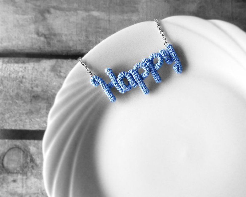 Happy Necklace Blue Crochet Inspirational Word Pendant 