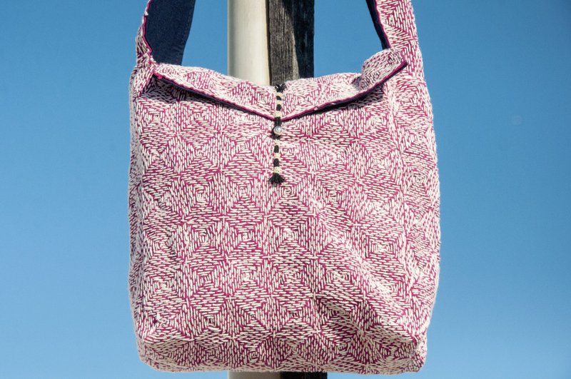 Hand-sewn pure cotton side backpack embroidered cross-body bag hand-embroidered shoulder bag hand-sewn indigo dye bag indigo - Messenger Bags & Sling Bags - Cotton & Hemp Pink