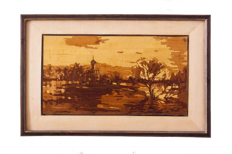 Church landscape Vintage home decor rustic style marquetry inlay framed picture - 壁貼/牆壁裝飾 - 木頭 橘色