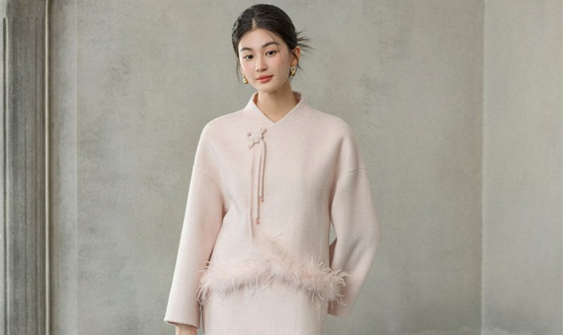 New Chinese style 100 wool double-sided oblique collar short jacket/skirt - Women's Tops - Wool Pink