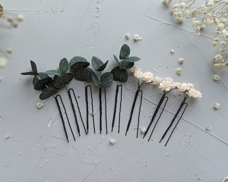 Baby breath hair pins deep green eucalyptus Bridal hairpin little flowers - Hair Accessories - Other Materials Multicolor