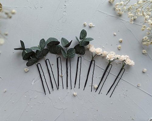 AlenaWedding Baby breath hair pins deep green eucalyptus Bridal hairpin little flowers
